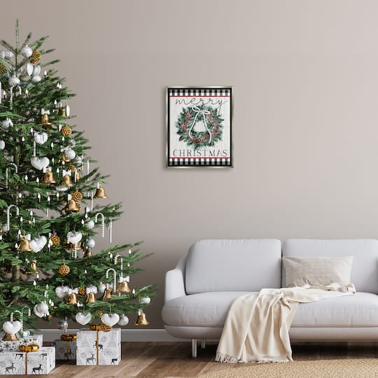 Stupell Industries Merry Christmas Tartan Wreath Framed Floater Canvas Wall Art